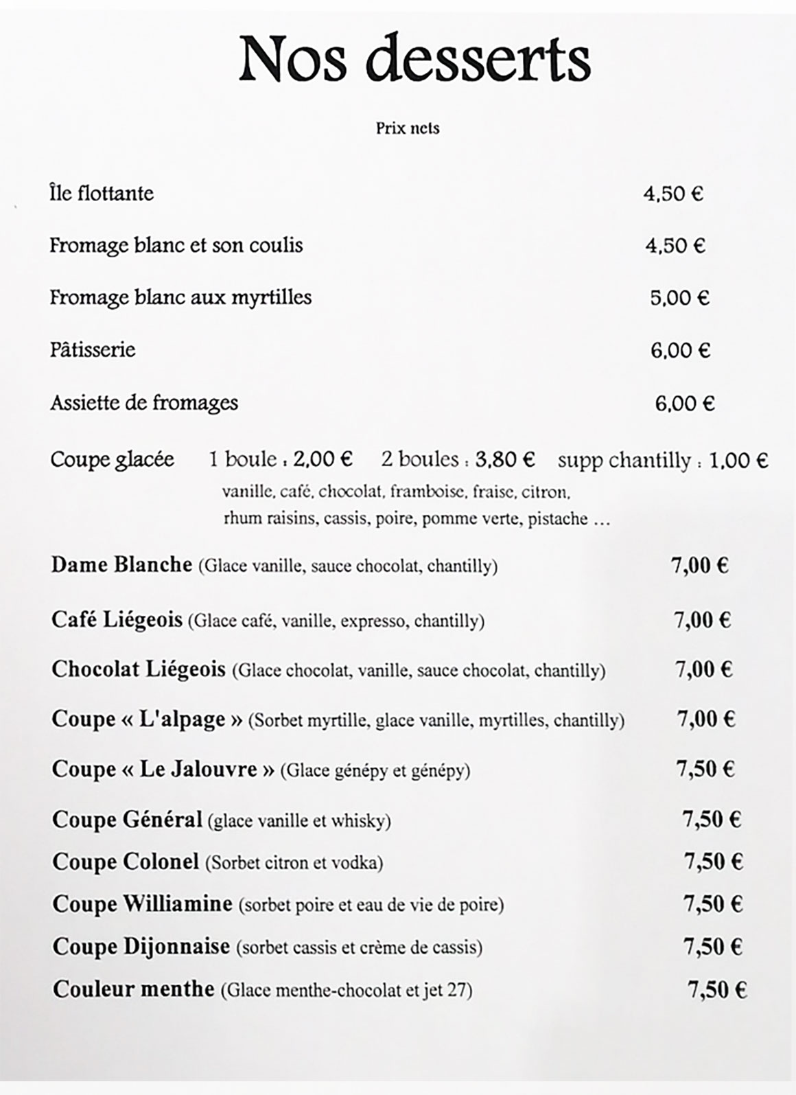 Carte des desserts restaurant le Crêt Chez Suzanne